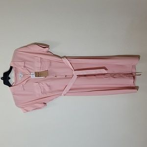 NWT Pink Short Sleeve Button Up Dress with Tie Up and Pockets